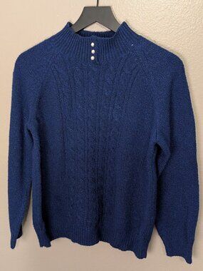 Karen Scott Womens M Navy Blue Cable Knit Mock Neck Formal Sweater Pearl Buttons